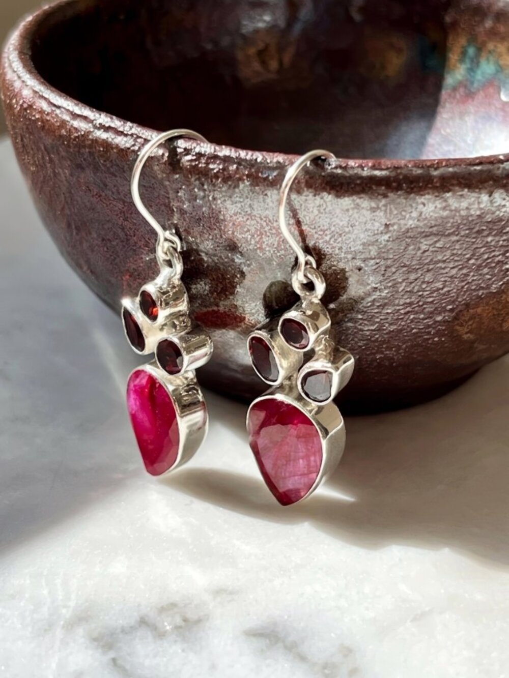 Sterling Silver Ruby and Garnet Drop Earrings